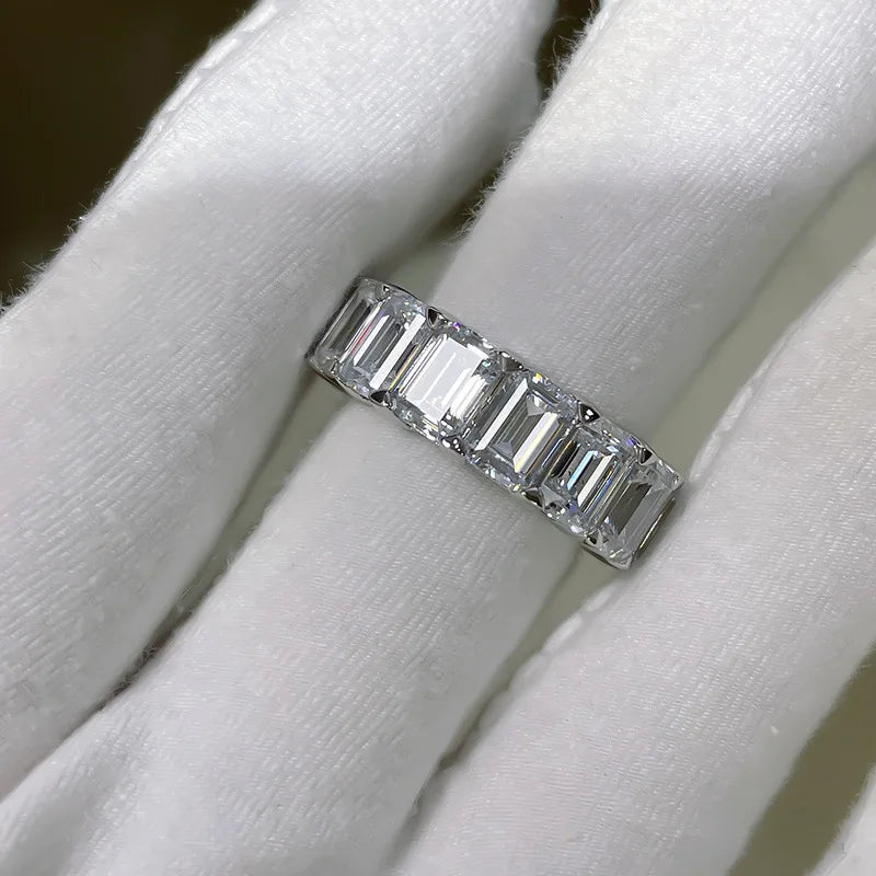 Eternity Emerald Cut Lab Diamond Ring 925 Sterling Silver Wedding Band Rings for Women Men Engagement Promise Party Jewelry
