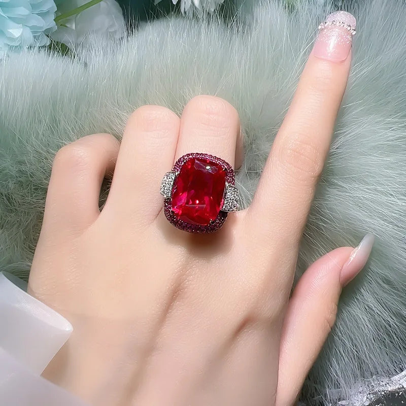 Silver Color Ruby Emerald Rings for Women Lab Diamond Wedding Bands Gemstone Cocktail Party Fine Jewelry Female Anniversary Gift