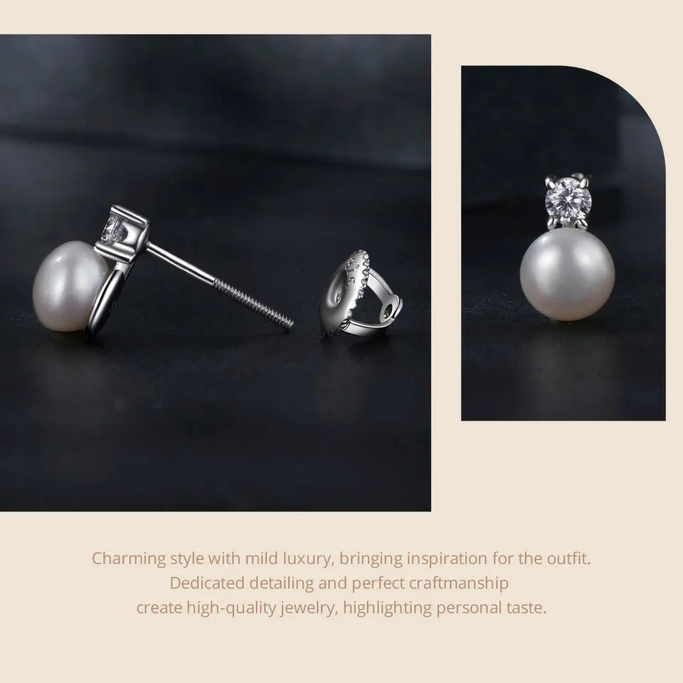 BAMOER Moissanite 925 Sterling Silver Freshwater Pearl Stud Earrings, Elegant VVS1 Clarity Lab Created Diamond Earrings MSE042