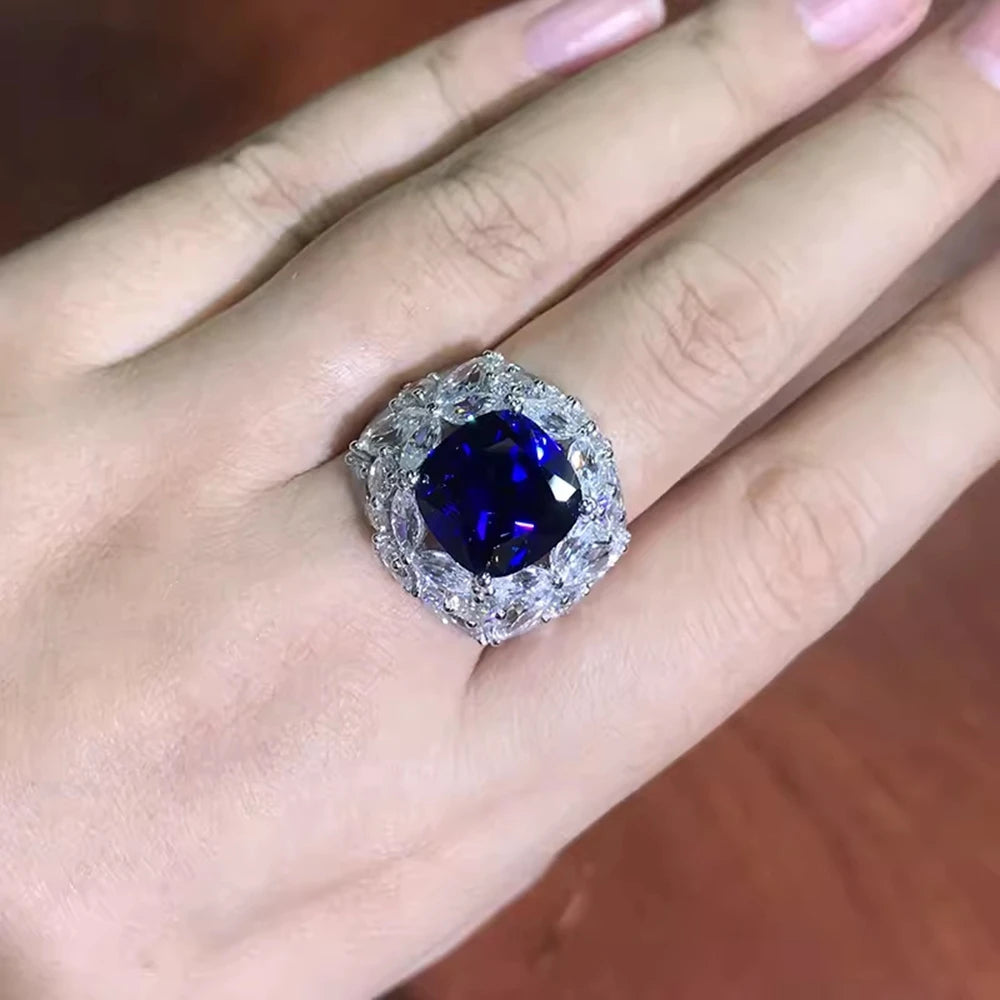 Wong Rain 925 Sterling Silver Cushion Cut 11 MM Sapphire High Carbon Diamond Gemstone Cocktail Party Ring for Women Fine Jewelry
