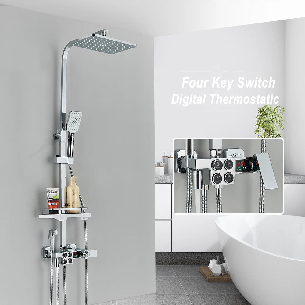 Black Thermostatic LCD Shower Faucet Set Temperature Display Rainfall Bathtub Tap With Bathroom Shelf Electricity By Water