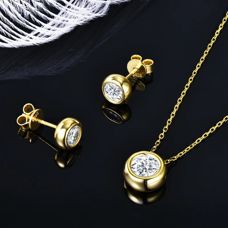 IOGOU 6.5mm 1ct Bezel Moissanite Pendant Necklace Earrings Sets 925 Silver Adjustable Chain for Women GRA Certified Jewelry Set