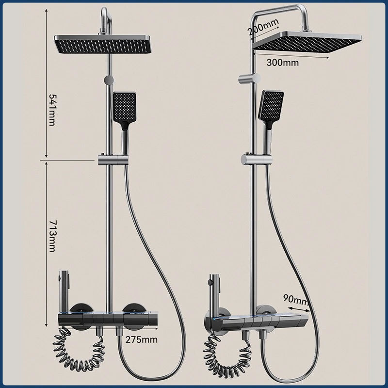 Bathroom Piano Key 4 Ways Water Outlet Luxury Shower Set LED Light Smart Temperature Display Rainlfall Shower Faucet System