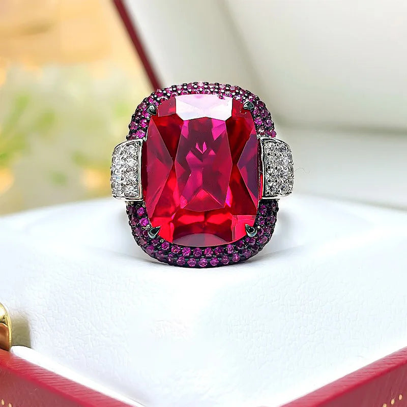 Silver Color Ruby Emerald Rings for Women Lab Diamond Wedding Bands Gemstone Cocktail Party Fine Jewelry Female Anniversary Gift