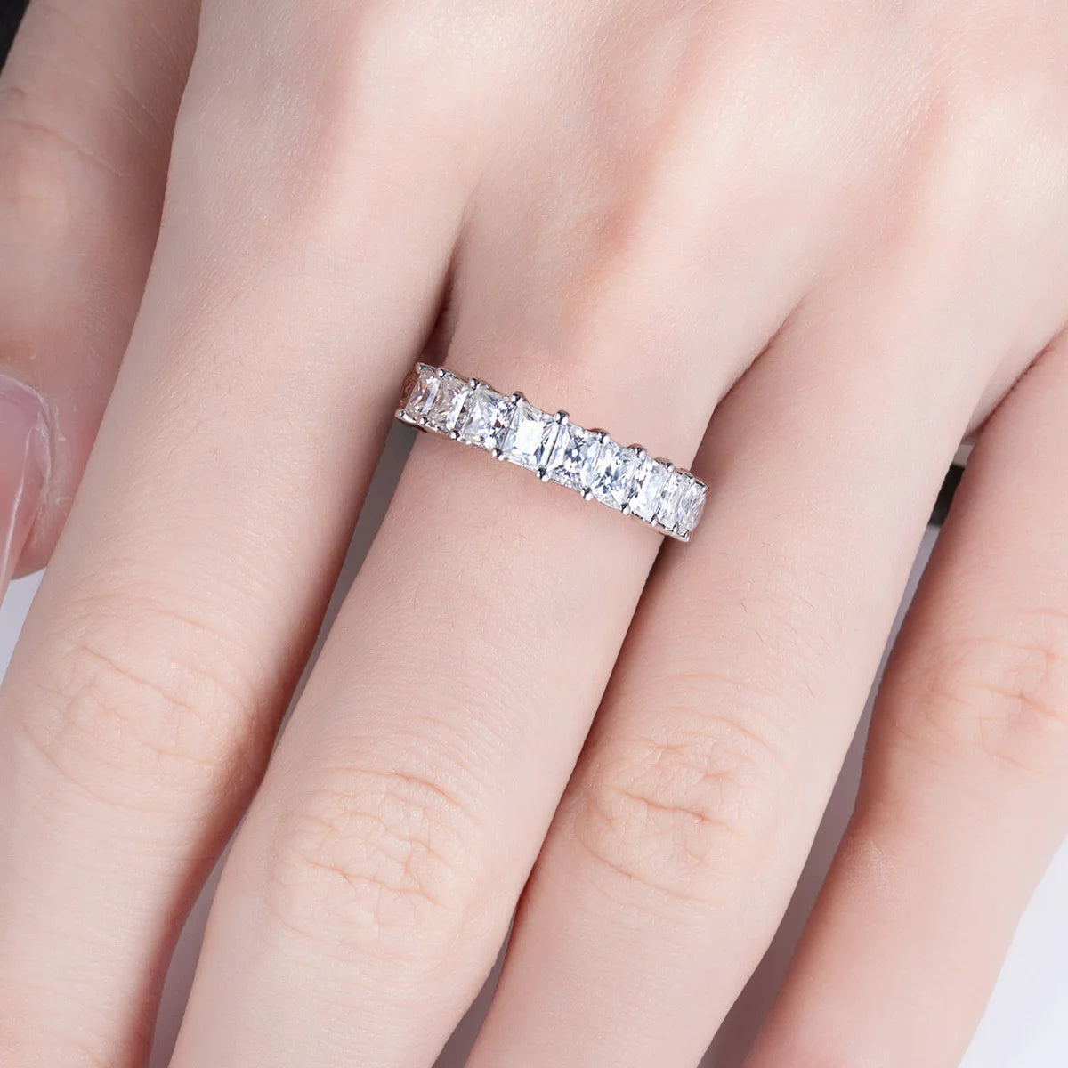 AnuJewel 3mm Princess Cut D Color Moissanite Eternity Band 925 Sterling Silver 18k Gold Plated Wedding Rings Jewelry Wholesale