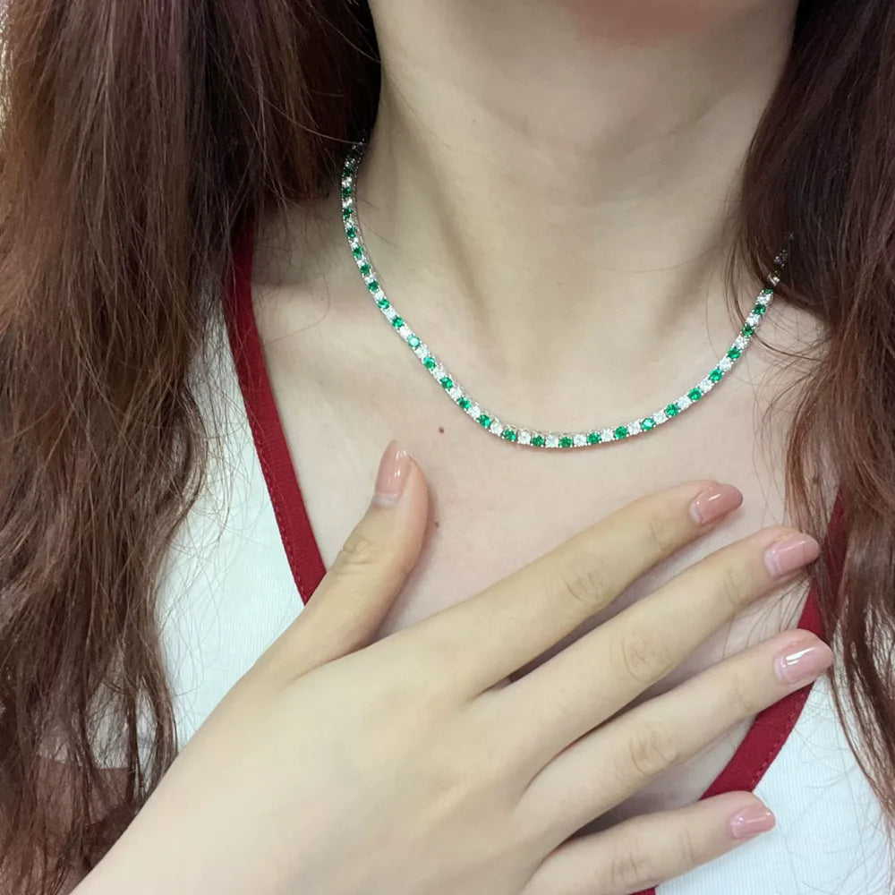 Wong Rain 925 Sterling Silver Round Cut 3 MM Sapphire Emerald Ruby High Carbon Diamond Gems Tennis Chain Necklace Fine Jewelry