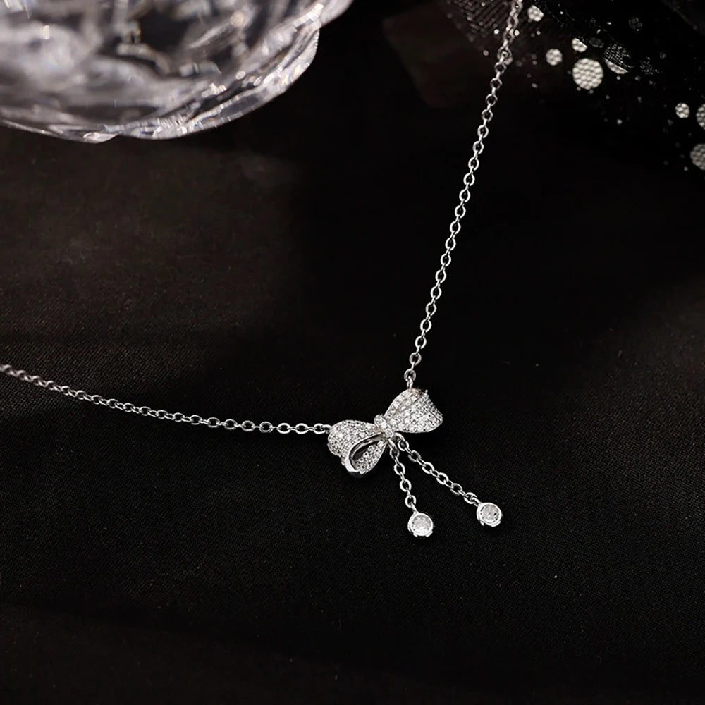 Bowknot Moissanite Pendant Necklaces for Women 0.12carat D Color Diamond Long Tassel Neckchain 925 Sterling Silver Fine Jewelry