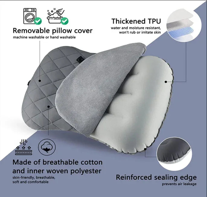 Ultralight Inflatable Camping Travel Pillow with Soft Washable Cover - Ergonomic Inflating Pillows for Neck & Lumbar Support
