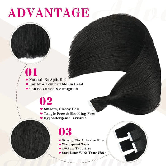 Tape In Hair Extensions Remy Human Hair 20pcs Straight Seamless Skin Weft Tape Hair Extensions Natural Black Hair For Women