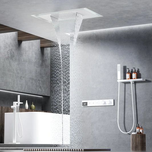 Luxury brass gun gray ceiling constant temperature shower system LED digital display hot and cold water embedded bathroom faucet