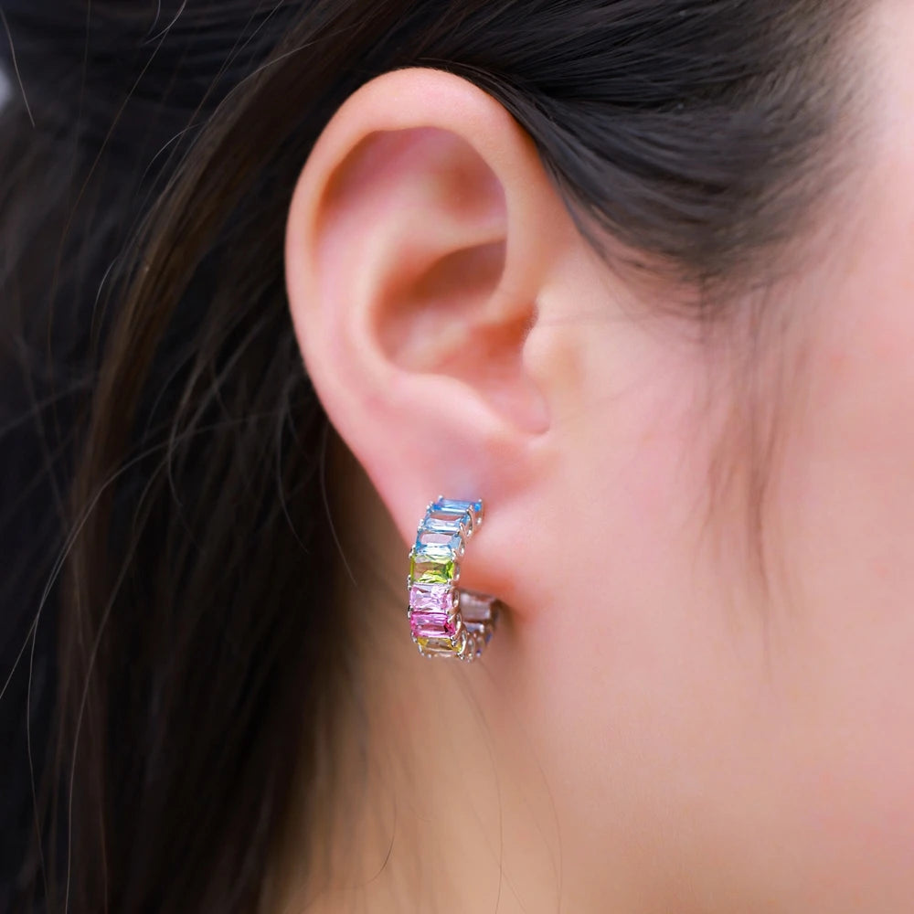 Wong Rain 100% 925 Sterling Silver Colorful 3*5 MM Lab Sapphire Gemstone Hoop Earrings for Women Fine Jewelry Gifts Wholesale