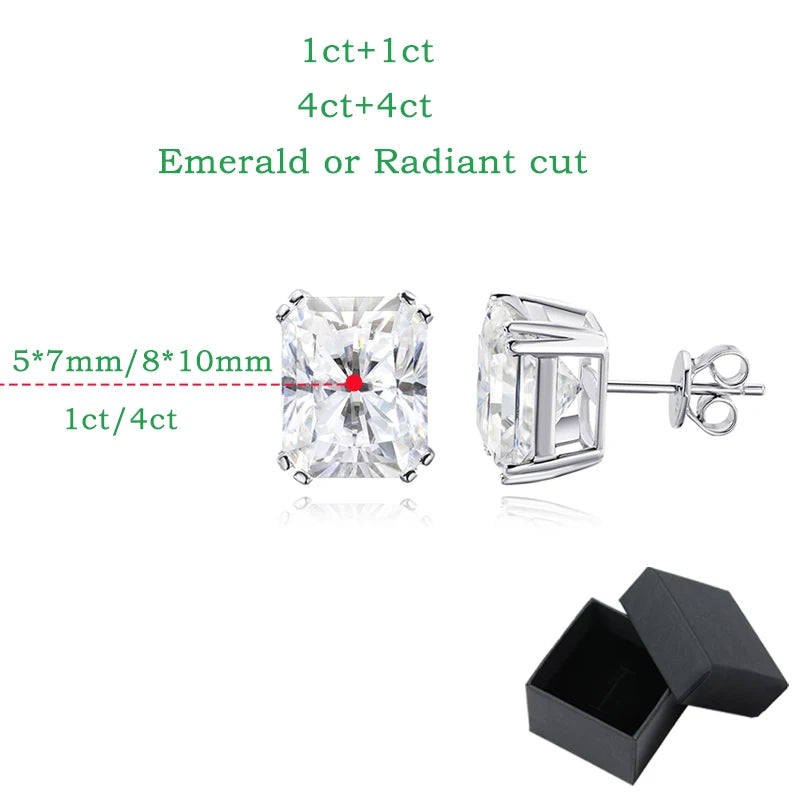 Smyoue 1CT 2CT 4CT Emerald/Radiant Cut Moissanite Stud Earrings for Women D Color Luxury Lab Diamond 925 Sterling Silver Jewelry