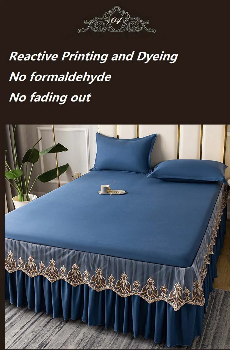 3pcs Set Raw Cotton Soft Bedspread Bed Romance Dust Protector Cover Embroidery Lace Edge Bed Skirt with 2pcs Pillowcase