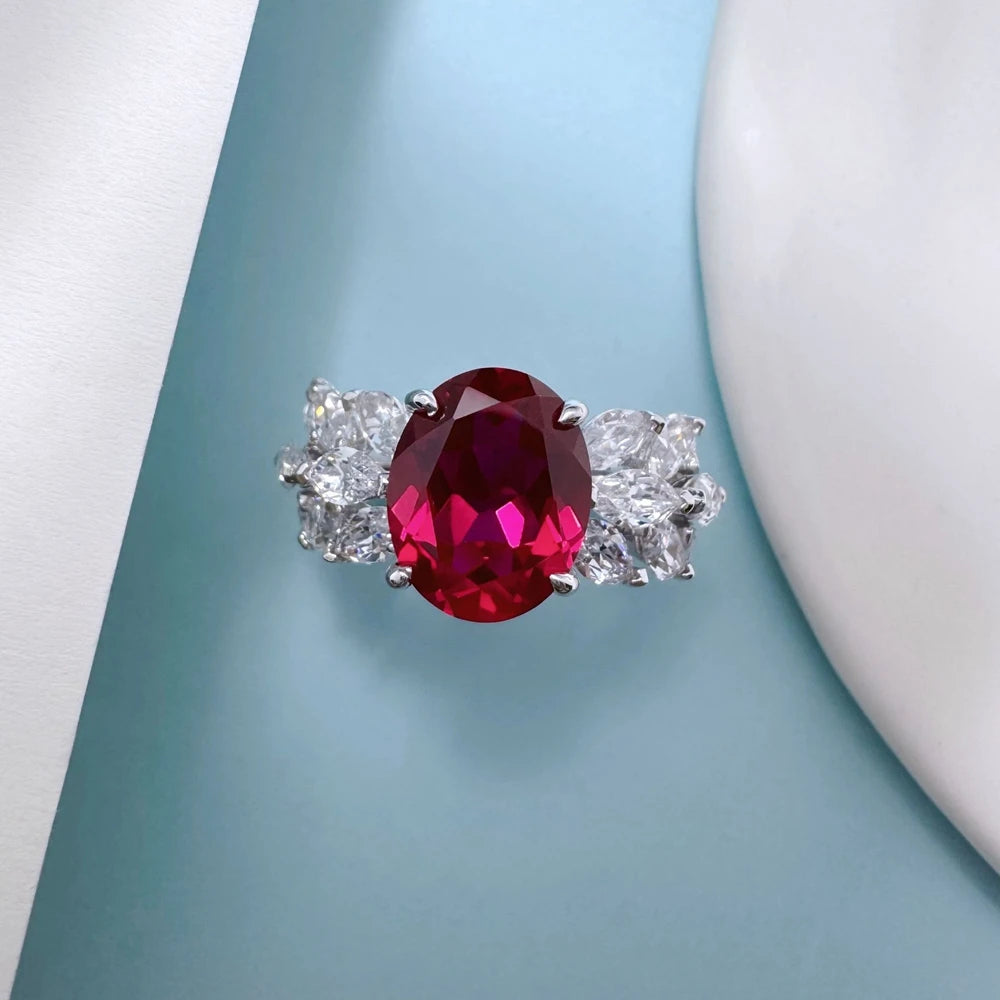 Wong Rain 925 Sterling Silver Oval Cut 3 CT Ruby High Carbon Diamond Gemstone Cocktail Party Ring for Women Fine Jewelry Gifts