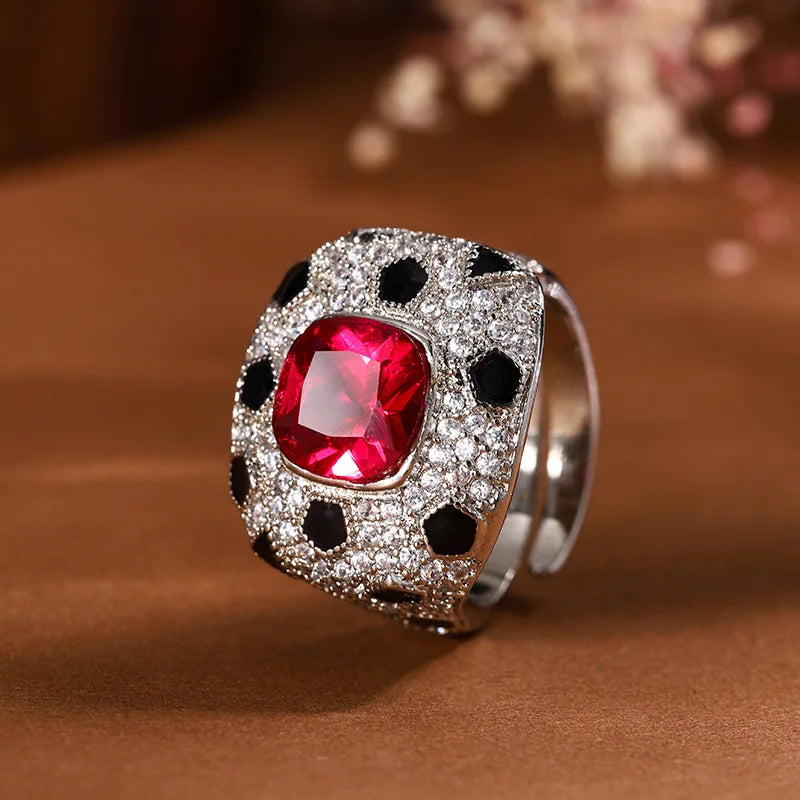 Adjustable Red Ruby Statement Stackable Rings with Black Accents Classic Cubic Zirconia for Women Jewelry Wedding Gift for Guest