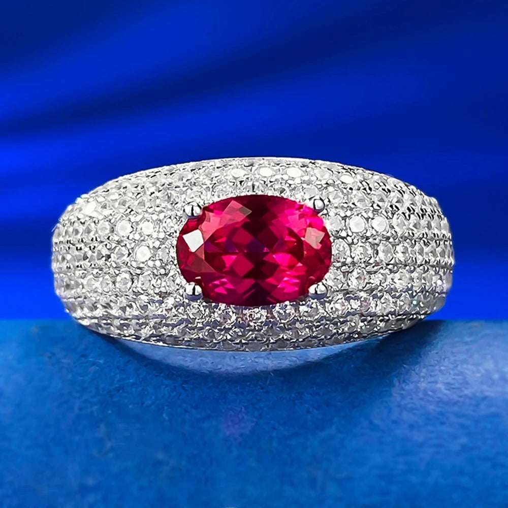 Wong Rain Vintage 100% 925 Sterling Silver Oval 5*7MM Ruby High Carbon Diamond Gemstone Jewelry Ring for Women Anniversary Gifts