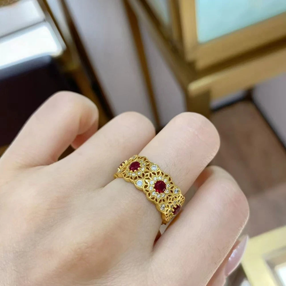 Wong Rain Vintage 925 Sterling Silver Round Cut Ruby High Carbon Diamond Gem Row Ring for Women Fine Jewelry Anniversary Gifts