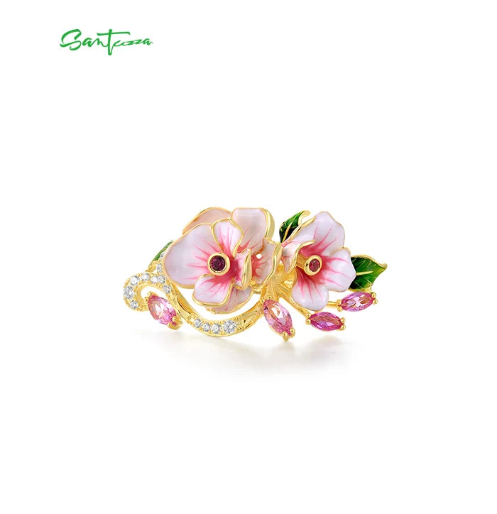 SANTUZZA Genuine 925 Sterling Silver Rings For Women Red Pink Stones White CZ Handmade Enamel Flower Ring Delicate Fine Jewelry