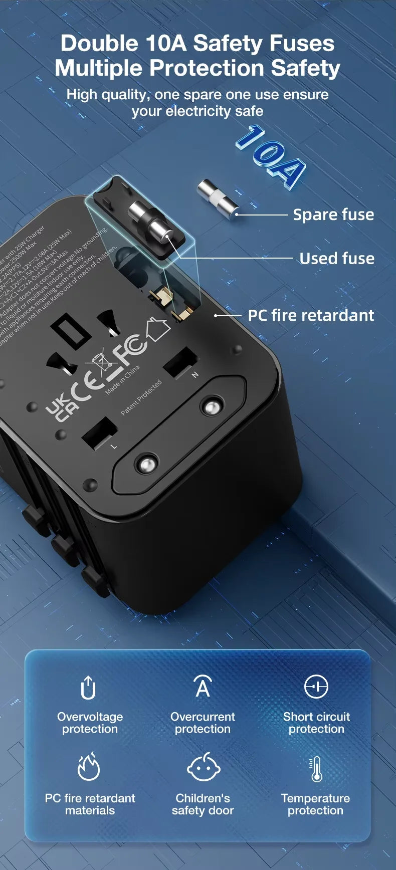 Universal Travel Adapter with 1 USB Ports 2 Type-C PD Charging All-in-Travel Adapter EU/UK/USA/AUS Plug for Travel Fast Charging