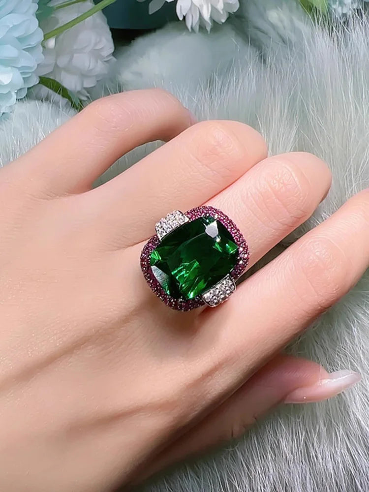 Silver Color Ruby Emerald Rings for Women Lab Diamond Wedding Bands Gemstone Cocktail Party Fine Jewelry Female Anniversary Gift