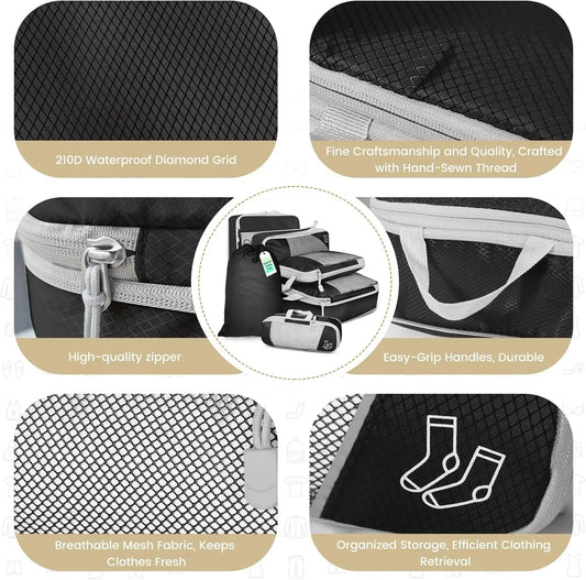 6PCS Travel Compressed Packing Cubes Storage Organizer Set With Shoe Bag Mesh Visual Luggage Portable Lightweight Suitcase Bag