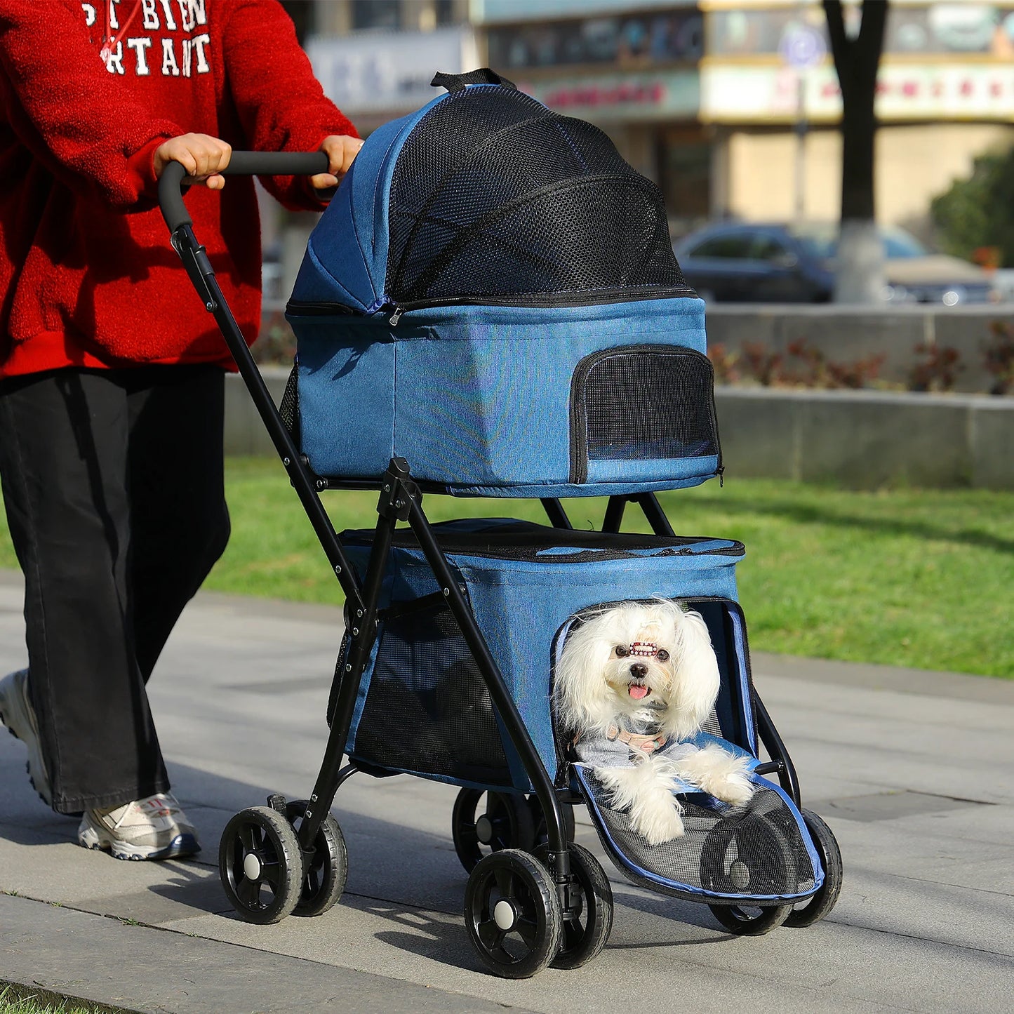 Foldable Pet Stroller 4-Wheel Dog Travel Stroller Pushchair Jogger with Storage Basket for Puppy Cat Pet Suplies Outdoor