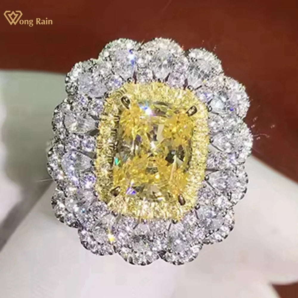 Wong Rain 925 Sterling Silver Cushion Cut 7*9 MM Citrine High Carbon Diamond Gemstone Women Rings Fine Jewelry Anniversary Gifts