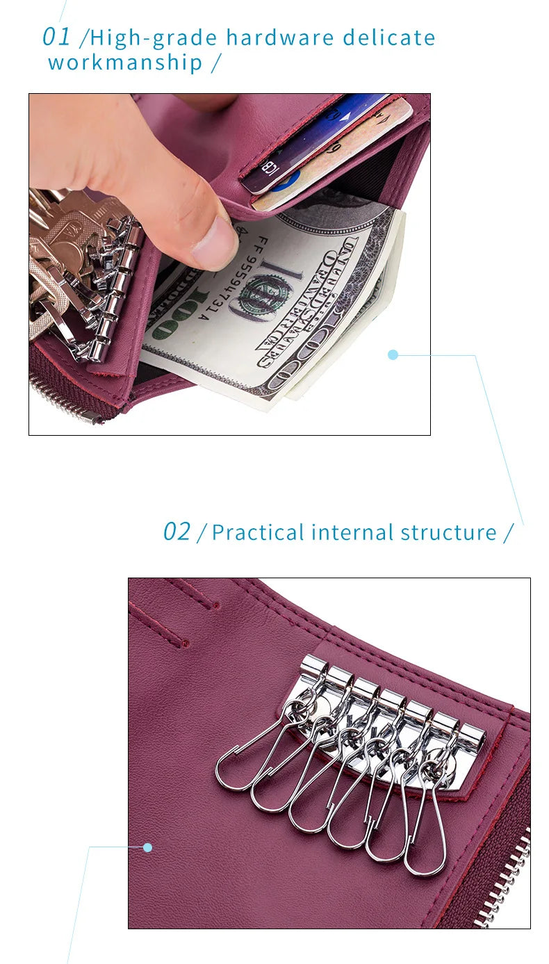 Mens Split Leather Key Chain Zipper Coin Case , Leather Car Smart Key Chain Metal Hook, Keyring Zipper Coin Wallet for women