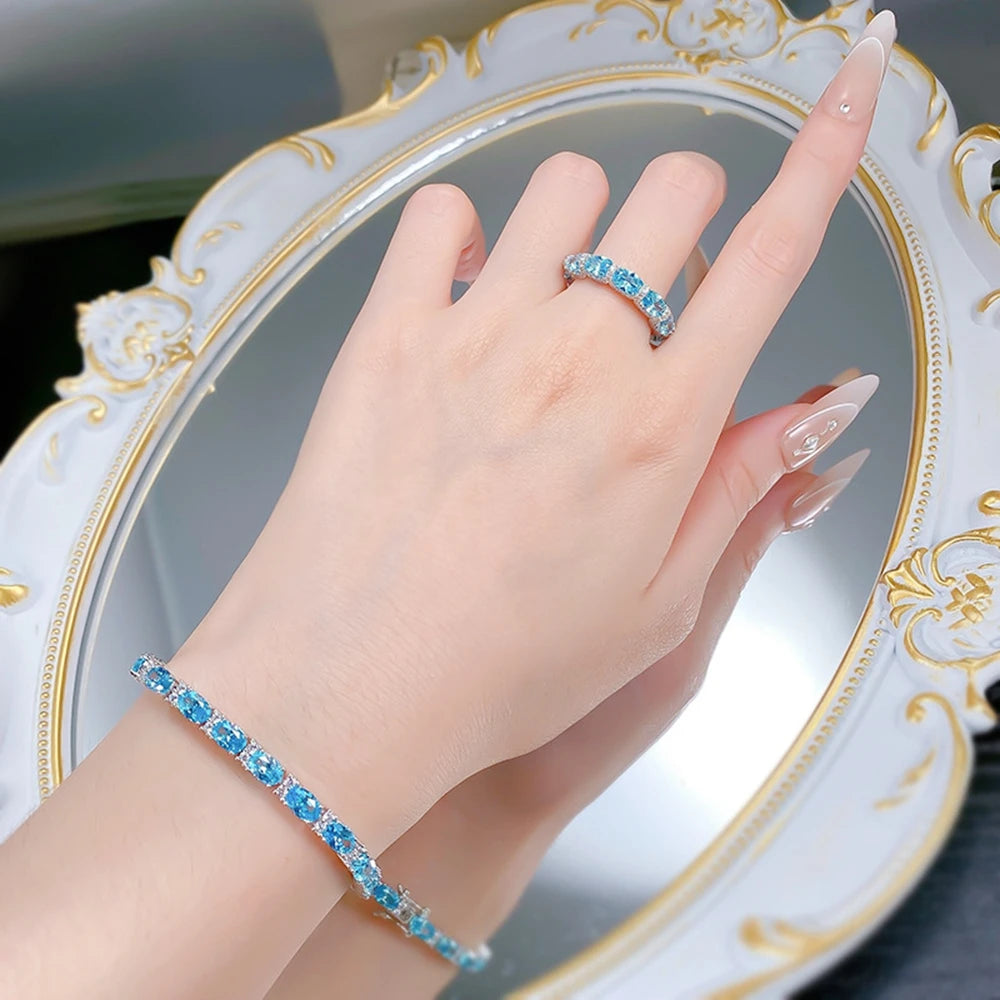Wong Rain Classic 925 Sterling Silver Oval Cut 4*6MM Aquamarine High Carbon Diamond Gems Bracelets Bangle Fine Jewelry Wholesale