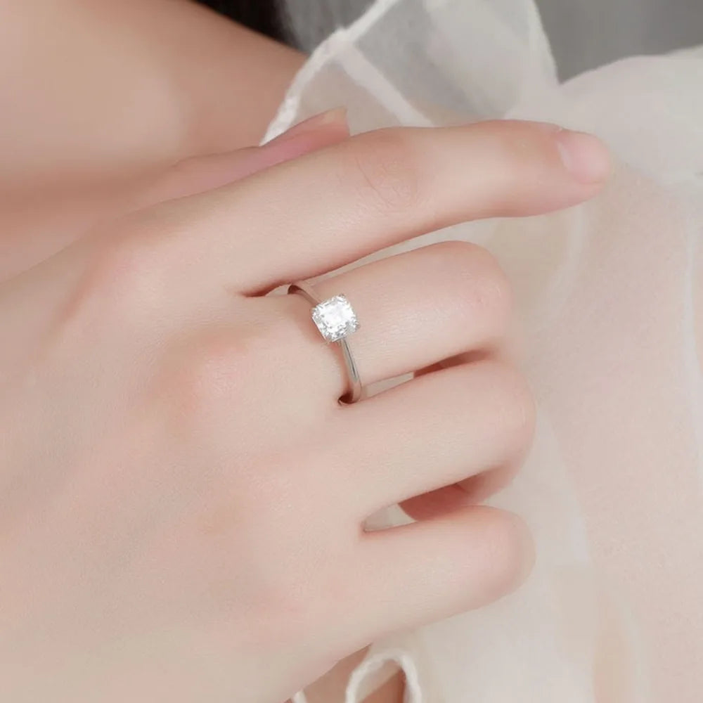 Certified 1CT Asscher Cut Moissanite Ring for Women 100% 925 Sterling Silver Lab Grown Diamond Engagement Wedding Band Jewelry