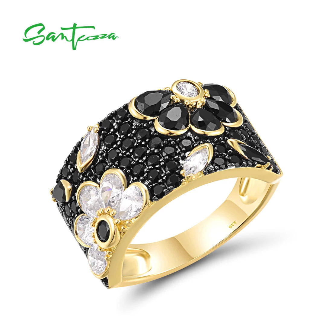 SANTUZZA Genuine 925 Sterling Silver Ring For Women Sparkling Black /Pink/Blue Spinel Colorful Flower Elegant Party Fine Jewelry