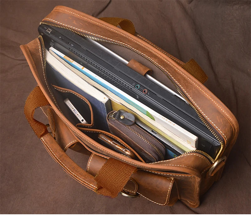 GURO Vintage Wild Handbag Male Genuine Leather Business Briefcase Original Cowhide Shoulder Messenger Bag A4 File 14″ Laptop Bag