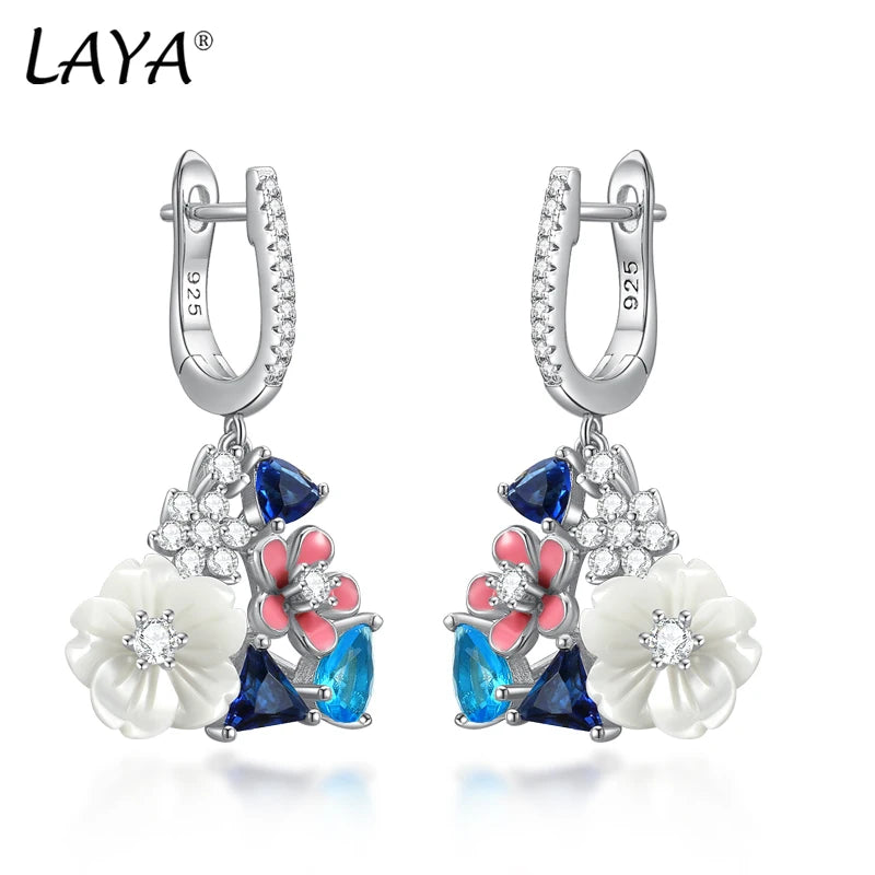 LAYA Earrings For Women White Shell Flower Shining Zircon Handmade Enamel Engagement Romantic Wedding Trendy Party Fine Jewelry