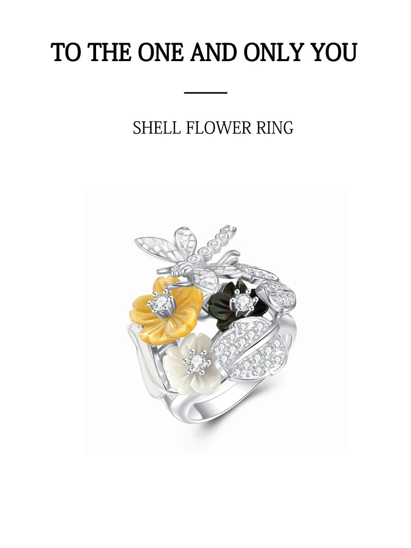 LAYA Ring For Women Black Yellow Shell Flower Shining White Zircon 100% 925 Sterling Silver Finger Fashion Party Fine Jewelry