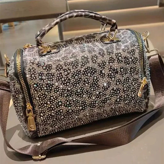 2025 Luxury Designer Women's Full Inlaid Diamond Handbag Retro Large Capacity Leopard Travel Shoulder Crossbody Bag Trendy Totes
