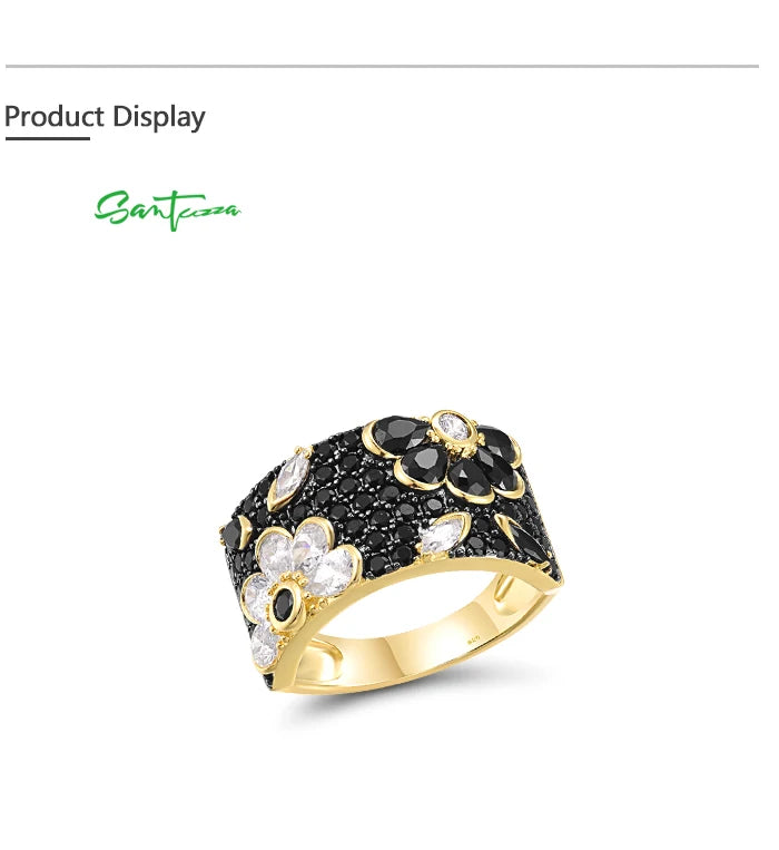 SANTUZZA Genuine 925 Sterling Silver Ring For Women Sparkling Black /Pink/Blue Spinel Colorful Flower Elegant Party Fine Jewelry