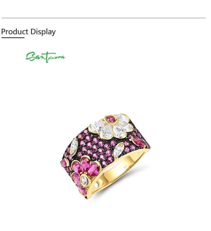 SANTUZZA Genuine 925 Sterling Silver Ring For Women Sparkling Black /Pink/Blue Spinel Colorful Flower Elegant Party Fine Jewelry