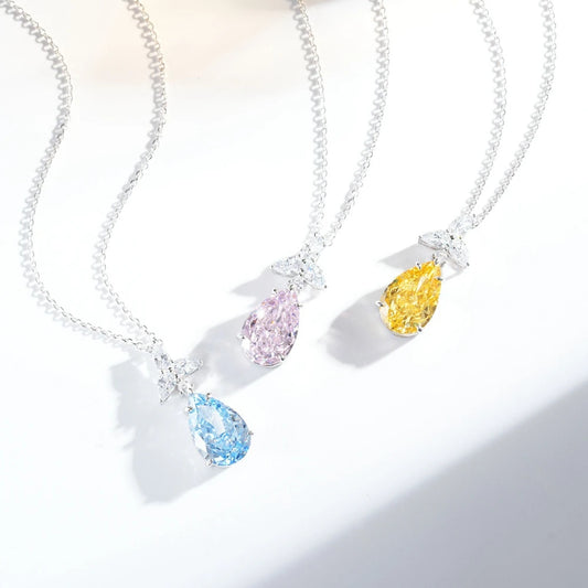 Wong Rain 925 Sterling Silver Pear Cut Lab Sapphire Citrine Aquamarine High Carbon Diamond Gems Pendant Necklace Fine Jewelry