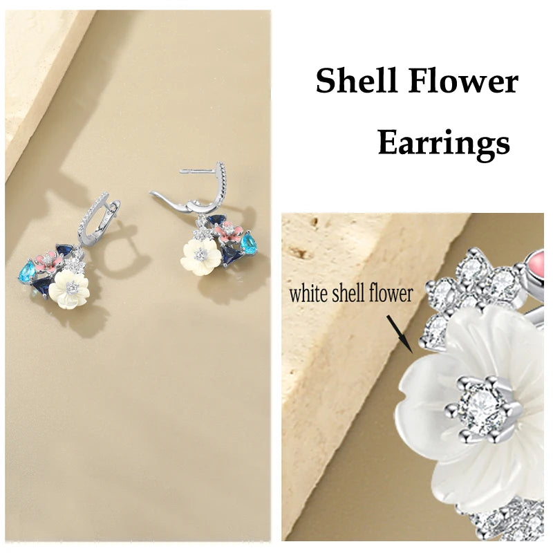 LAYA Earrings For Women White Shell Flower Shining Zircon Handmade Enamel Engagement Romantic Wedding Trendy Party Fine Jewelry