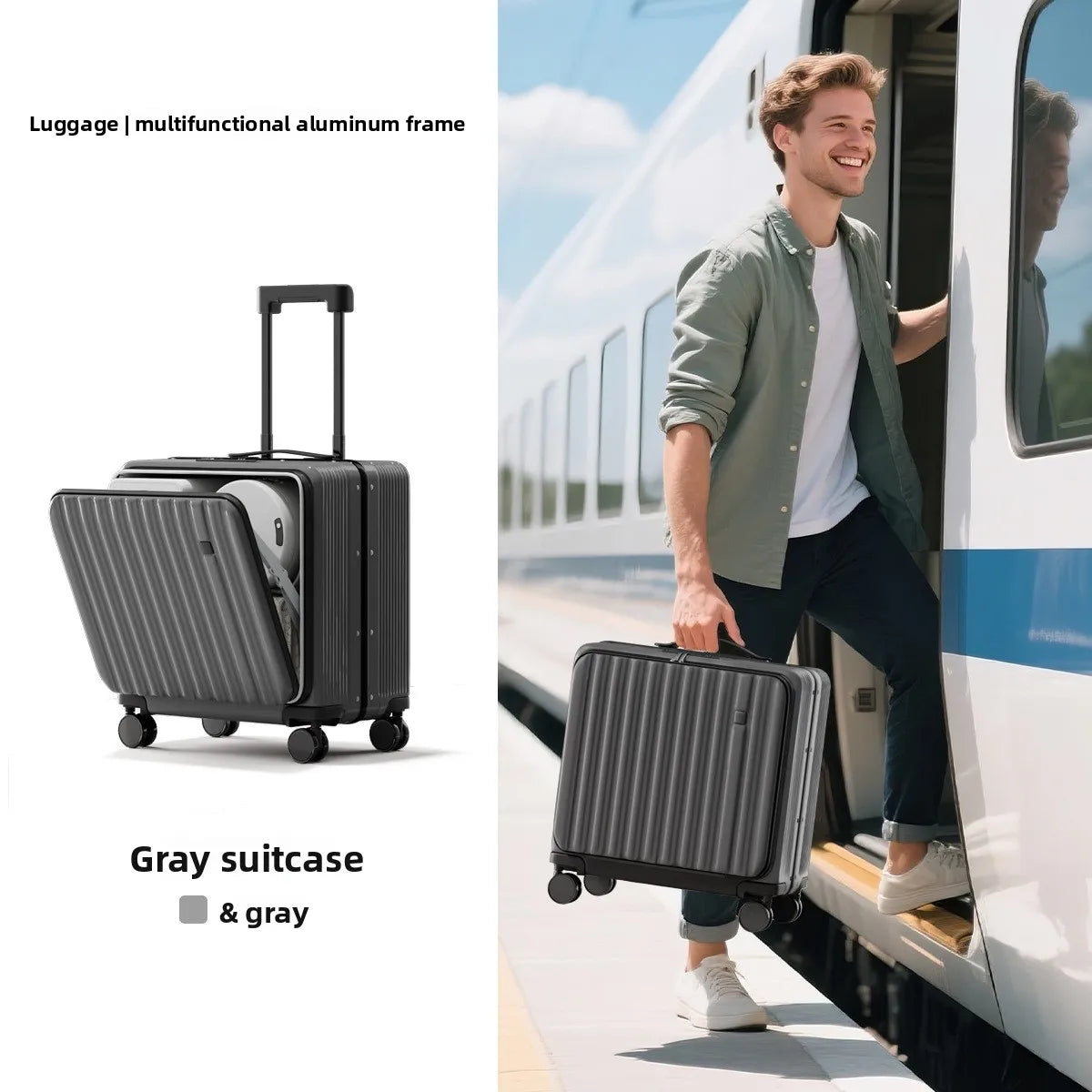 KLQDZMS 18" Luggage Travel Bag High Quality 20 Inch Boarding Box Men's Small Trolley Case Women's Front Opening Laptop Suitcase