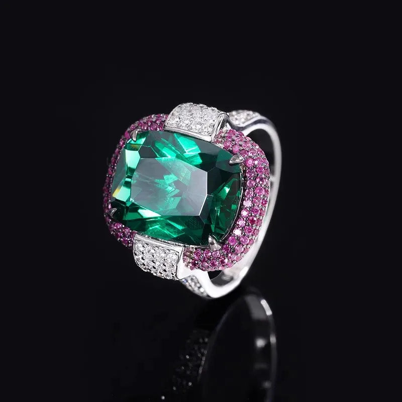 Silver Color Ruby Emerald Rings for Women Lab Diamond Wedding Bands Gemstone Cocktail Party Fine Jewelry Female Anniversary Gift