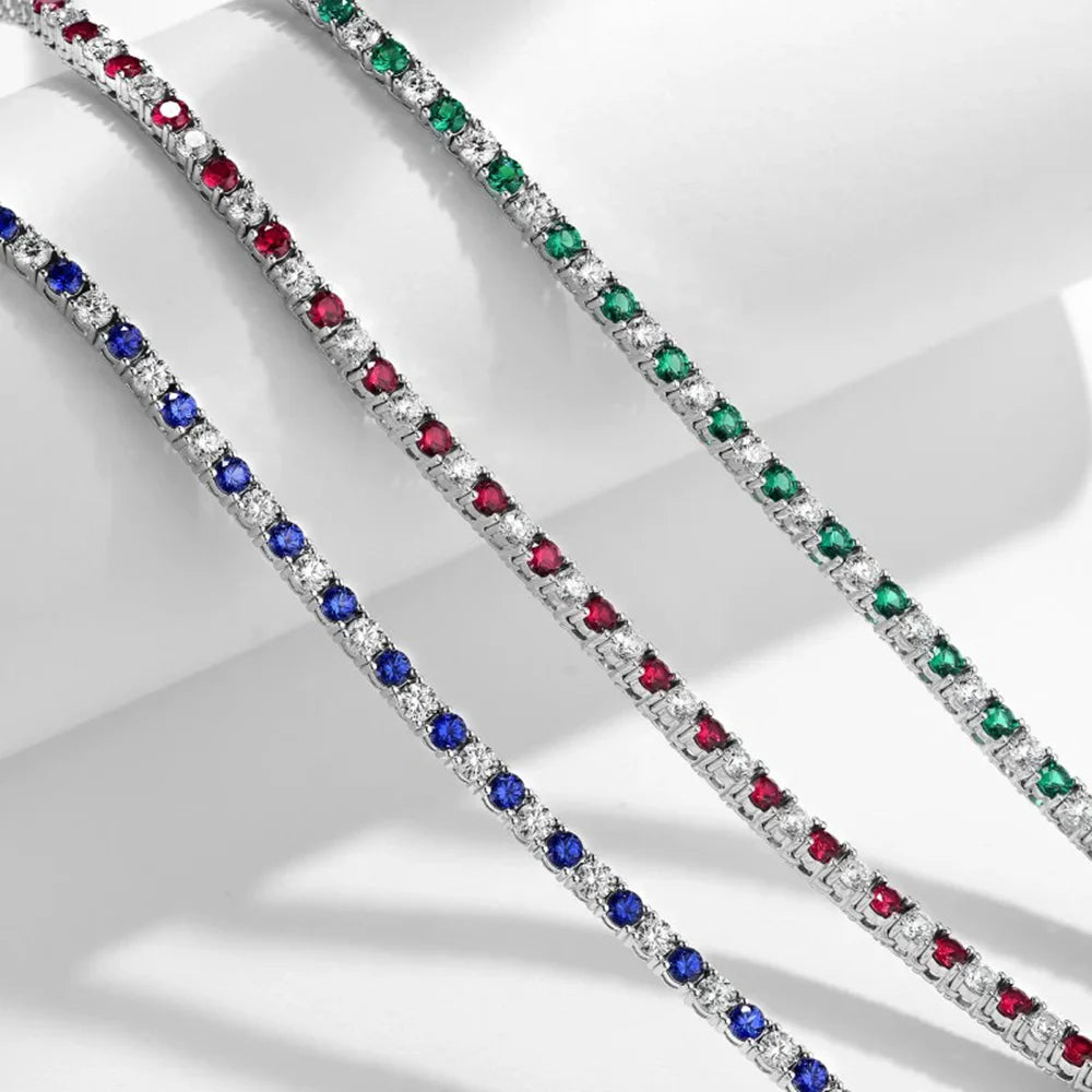 Wong Rain 925 Sterling Silver Round Cut 3 MM Sapphire Emerald Ruby High Carbon Diamond Gems Tennis Chain Necklace Fine Jewelry
