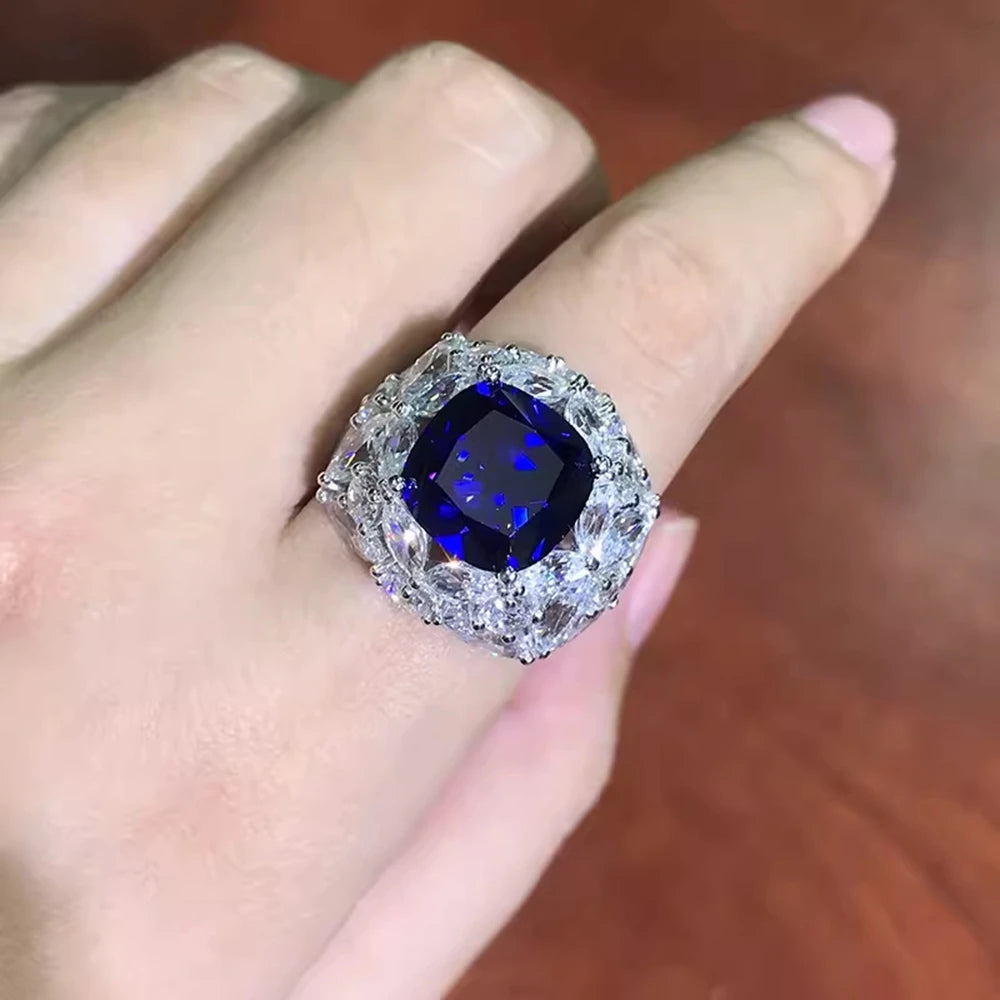 Wong Rain 925 Sterling Silver Cushion Cut 11 MM Sapphire High Carbon Diamond Gemstone Cocktail Party Ring for Women Fine Jewelry
