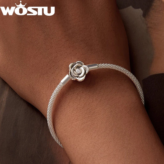 WOSTU 925 Sterling Silver Vintage Rose Flower Love Heart Bangle Bracelet Fit DIY Bracelets Women Valentine Mother's Day Gift