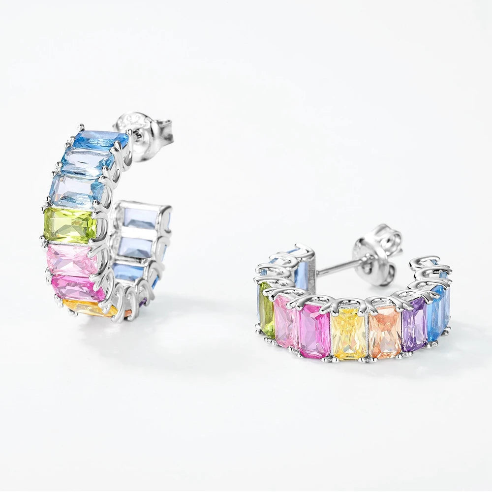 Wong Rain 100% 925 Sterling Silver Colorful 3*5 MM Lab Sapphire Gemstone Hoop Earrings for Women Fine Jewelry Gifts Wholesale