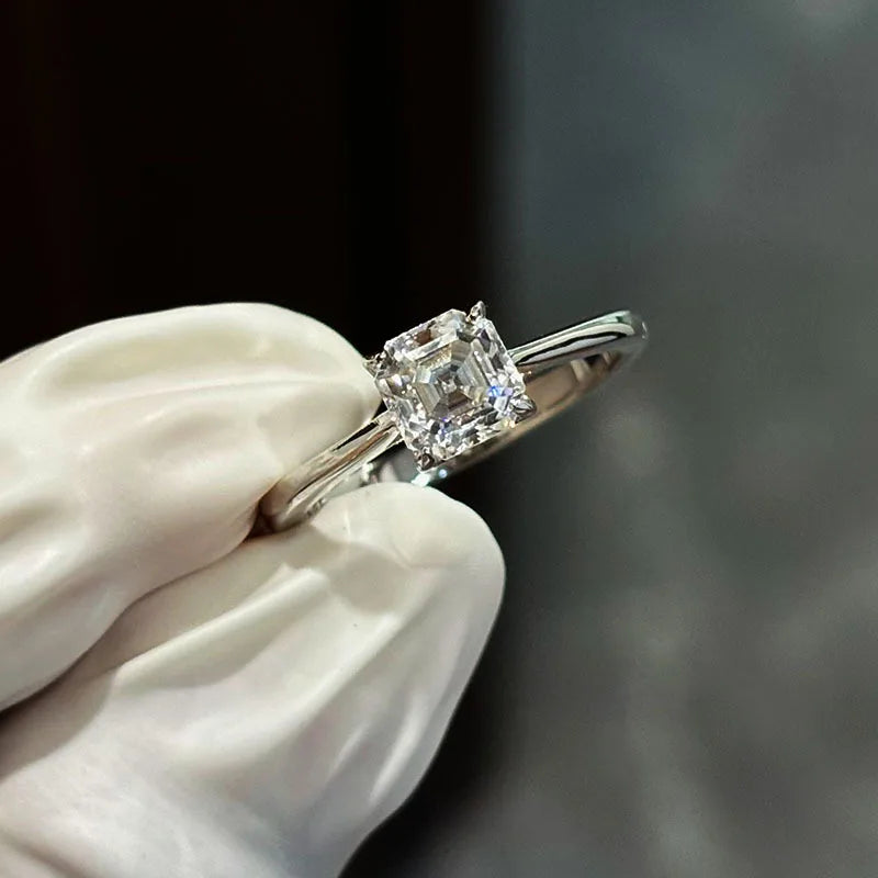 Certified 1CT Asscher Cut Moissanite Ring for Women 100% 925 Sterling Silver Lab Grown Diamond Engagement Wedding Band Jewelry