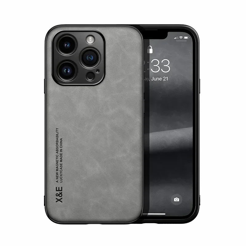 Luxury Leather Case For iPhone 16 16e 15 14 13 12 11 Pro Max Plus 12 13 Mini X XS SE 8 7 Cover With Metal Plate Support Car Hold