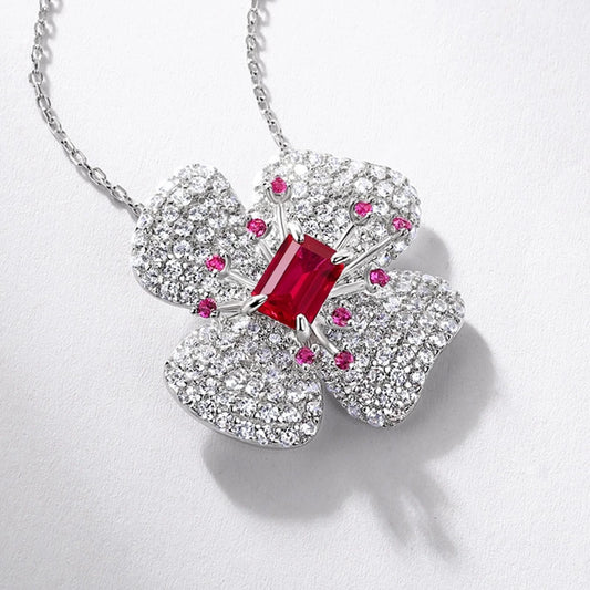 Wong Rain 925 Sterling Silver Emerald Cut 5*7 MM Emerald Sapphire Ruby High Carbon Diamond Flower Pendant Necklace Fine Jewelry