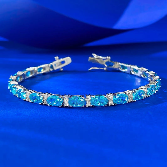 Wong Rain Classic 925 Sterling Silver Oval Cut 4*6MM Aquamarine High Carbon Diamond Gems Bracelets Bangle Fine Jewelry Wholesale