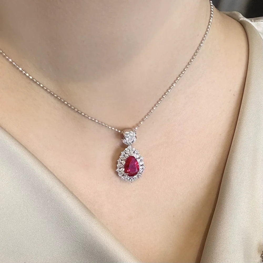 Wong Rain Vintage 925 Sterling Silver Pear Cut 8*12MM Ruby High Carbon Diamond Gemstone Water Drop Pendant Necklace Fine Jewelry